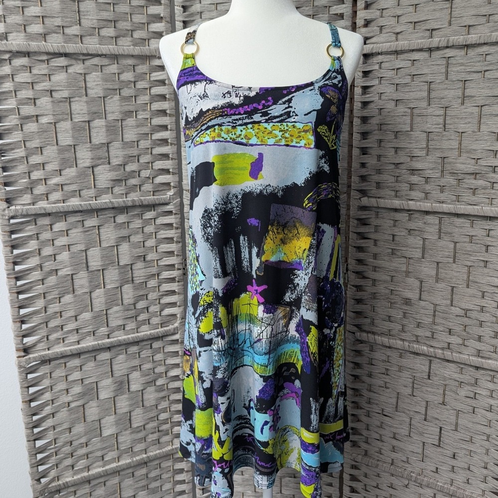 Eva Varro Dress Multi-Color Abstract Graphic Print O-Ring T-Back Sz L Artistic